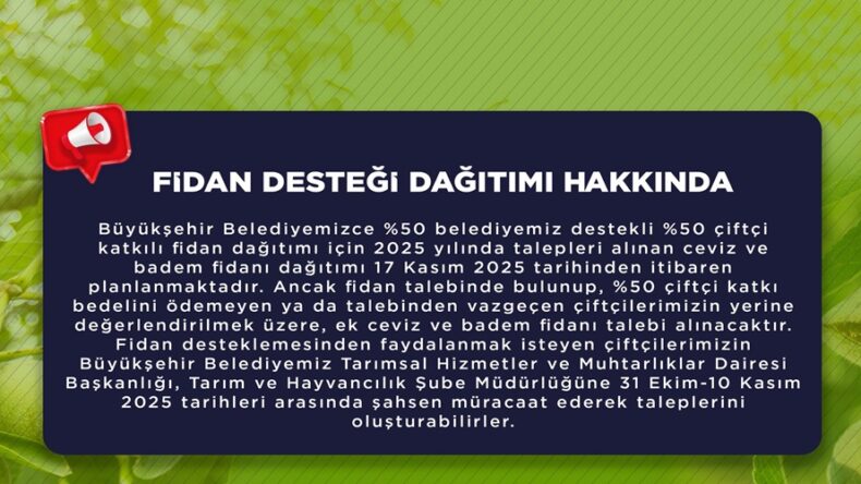 Yüzde 50 Hibeli Fidan Desteğinde Ek Başvurular Alınmaya Başladı.